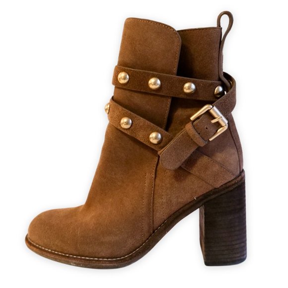 See By Chloé Light Brown Studded Suede Heeled Ankle Boots - Picture 1 of 9
